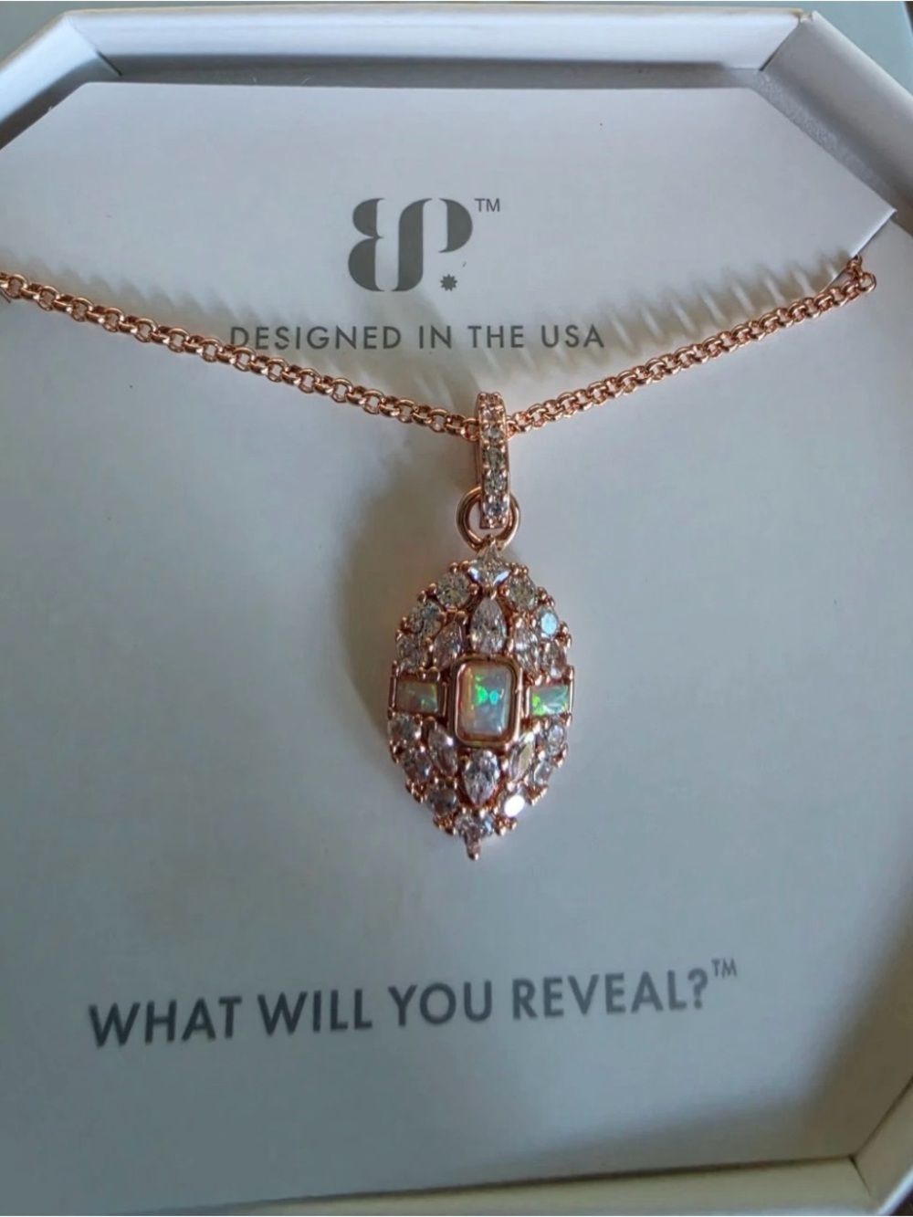 Bomb Party OG Necklace "Statement Made" Rose Gold/Milky White Opal NIB